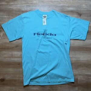 Vintage 90s Florida Shirt Men Large Teal Blue Single Stitch Cotton Deadstock NEW